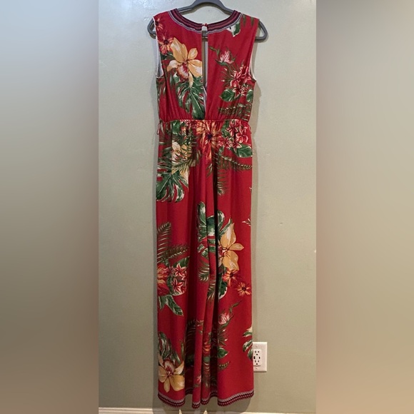 Flying Tomato Red Wide Leg Jumpsuit. Tropical Floral Print. Size Large. Like New - Picture 3 of 7